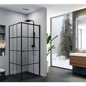 Cabina dus rectangulara cu usa batanta SOPORA BLACK GRID 90x90x195 cm cu montaj pe stanga